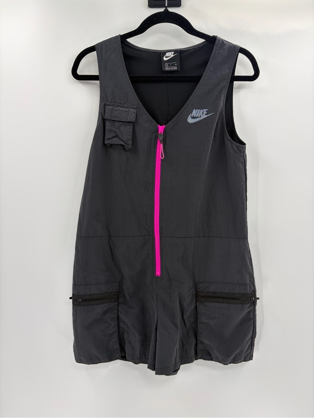 Nike Icon Clash Romper Nylon Utility Dress Zip Dark Gray Pink activewear small